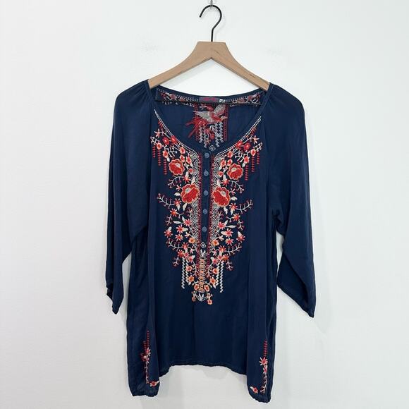 Johnny Was Olivia Blouse Blue Embroidered Bird Floral size Medium - Picture 1 of 5